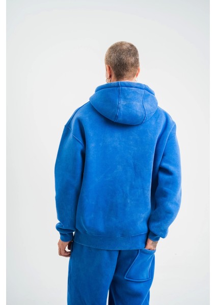 Unisex Double Oversize Kapşonlu Yıkamalı Sweatshirt - Mavi indirimleri