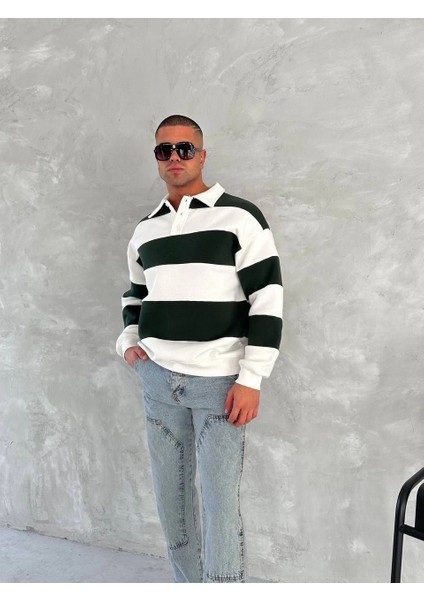 Unisex Üç Iplik Parçalı Yakalı Sweatshirt - Yeşil
