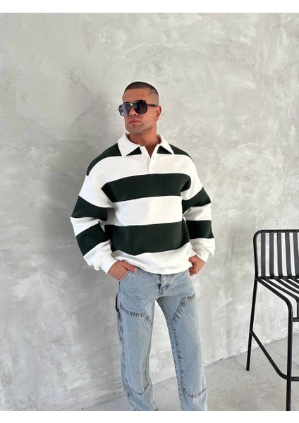 Unisex Üç Iplik Parçalı Yakalı Sweatshirt - Yeşil modelleri