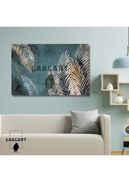 Tekli Yatay Kanvas Duvar Tablosu Turkuaz Arkaplan ve Yapraklar
