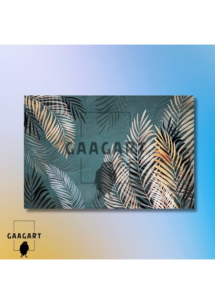 Tekli Yatay Kanvas Duvar Tablosu Turkuaz Arkaplan ve Yapraklar modelleri