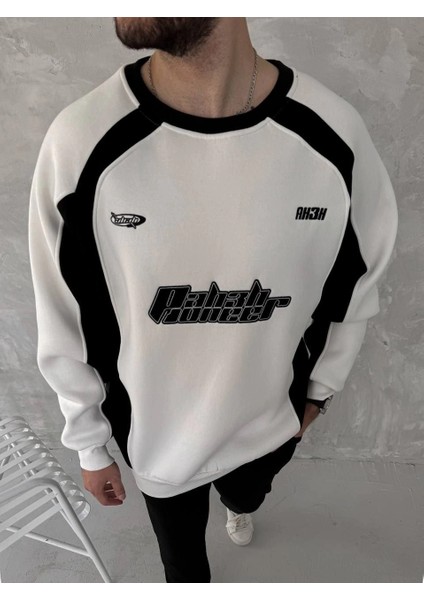 Kışlık Nakış Işlemeli Bisiklet Yaka Parçalı Sweatshirt - Beyaz