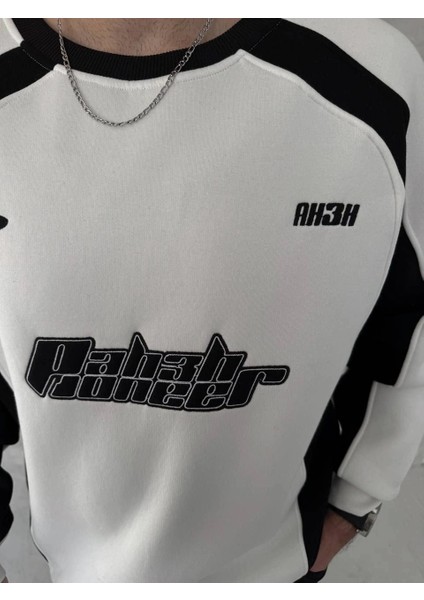 Kışlık Nakış Işlemeli Bisiklet Yaka Parçalı Sweatshirt - Beyaz modelleri