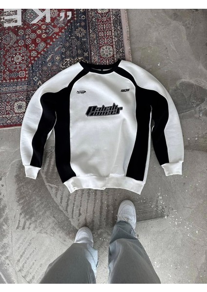 Kışlık Nakış Işlemeli Bisiklet Yaka Parçalı Sweatshirt - Beyaz fırsatları