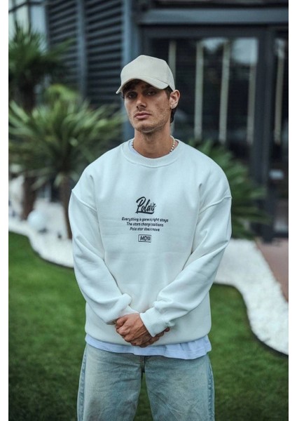 Kışlık Bisiklet Yaka Ön ve Arka Baskılı Sweatshirt - Beyaz