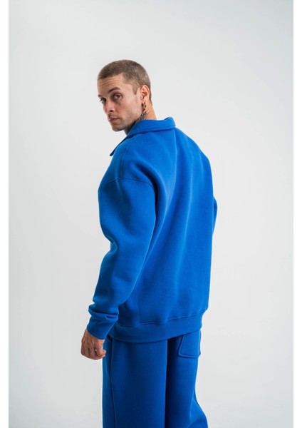 Unisex Double Oversize Patlı Yaka Sweatshirt - Mavi indirimleri