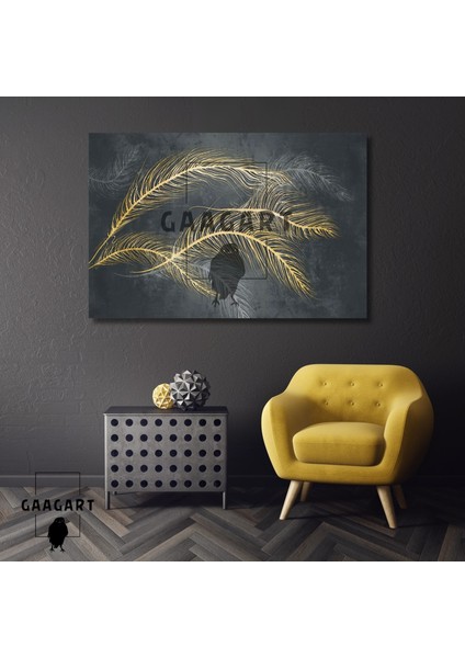 Tekli Yatay Kanvas Duvar Tablosu Gold Dal ve Yapraklar
