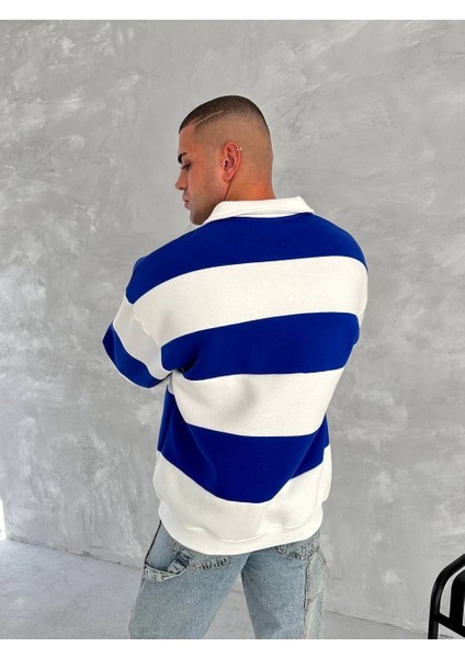 Unisex Üç Iplik Parçalı Yakalı Sweatshirt - Mavi indirimleri