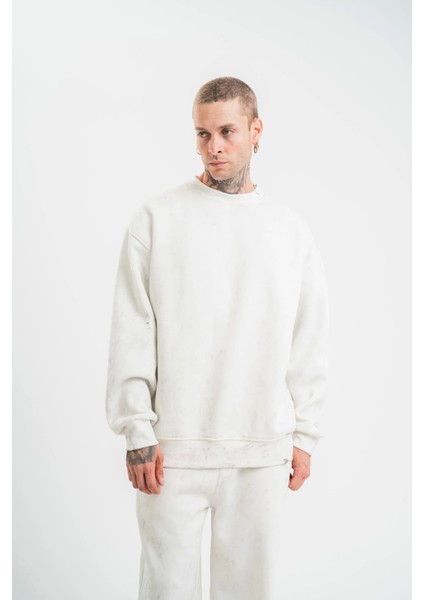 Unisex Uzun Kol Bisiklet Yaka Yıkamalı Sweatshirt - Beyaz