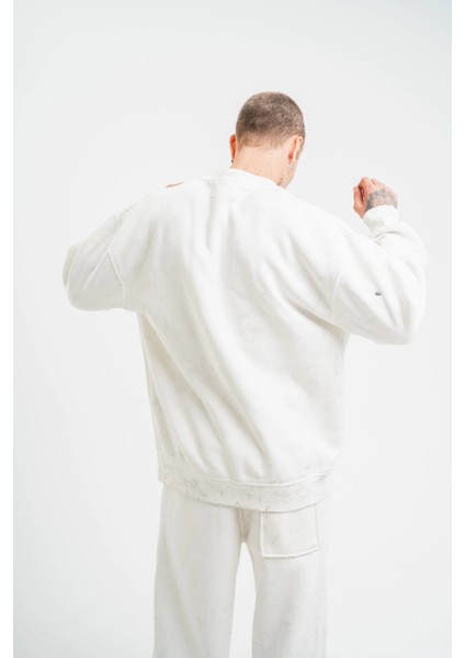 Unisex Uzun Kol Bisiklet Yaka Yıkamalı Sweatshirt - Beyaz fiyatları
