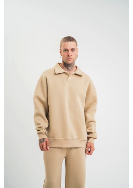 Unisex Double Oversize Patlı Yaka Sweatshirt - Bej
