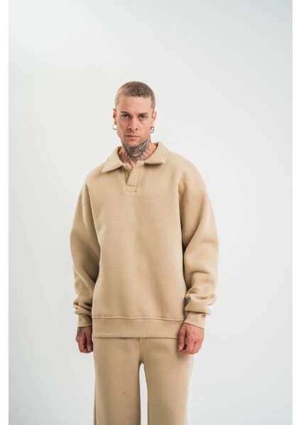 Unisex Double Oversize Patlı Yaka Sweatshirt - Bej indirimleri