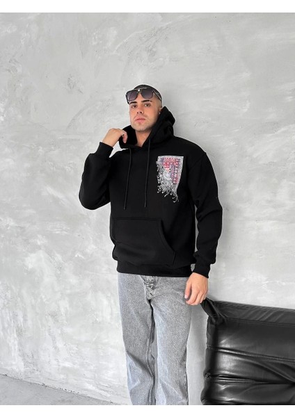 Uzun Kol Kapüşonlu Ön ve Arka Baskılı Sweatshirt - Siyah