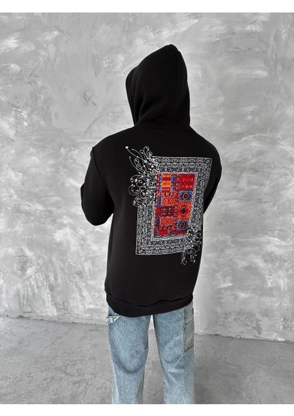 Uzun Kol Kapüşonlu Ön ve Arka Baskılı Sweatshirt - Siyah fiyatları