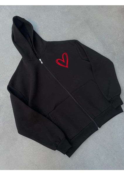 Üç Iplik Baskılı Fermuarlı Kapüşonlu Hırka - Siyah