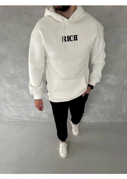 Uzun Kol Kapüşonlu Göğüs Baskılı Sweatshirt - Beyaz