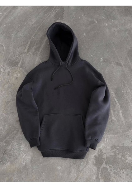 Kapüşonlu Üç Iplik Penye Basic Sweatshirt - Füme