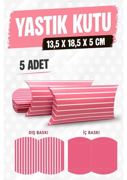 Yastık Kutu Karton Çizgili Hediye Kutusu 13,5X18,5X5 cm 5 Adet Pembe -T1476