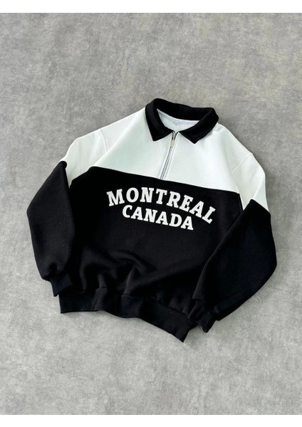 Yarım Fermuarlı Parçalı Yakalı Sweatshirt - Siyah fiyatları