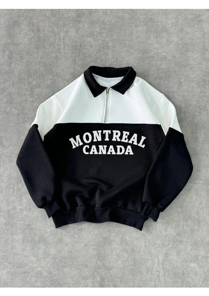 Yarım Fermuarlı Parçalı Yakalı Sweatshirt - Siyah fırsatları