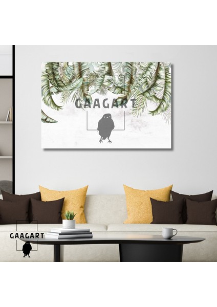 Tekli Yatay Kanvas Duvar Tablosu Beyaz Yeşil Yaprak Tasarımı