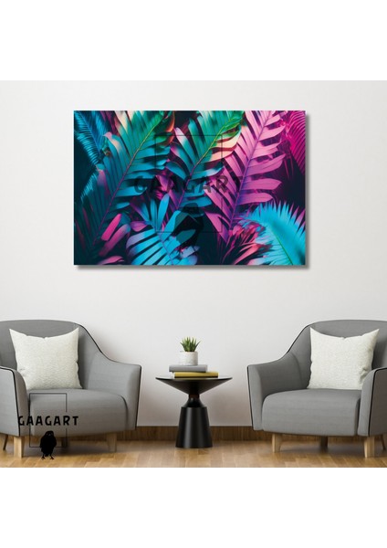 Tekli Yatay Kanvas Duvar Tablosu Parlak Pembe Mavi Yapraklar