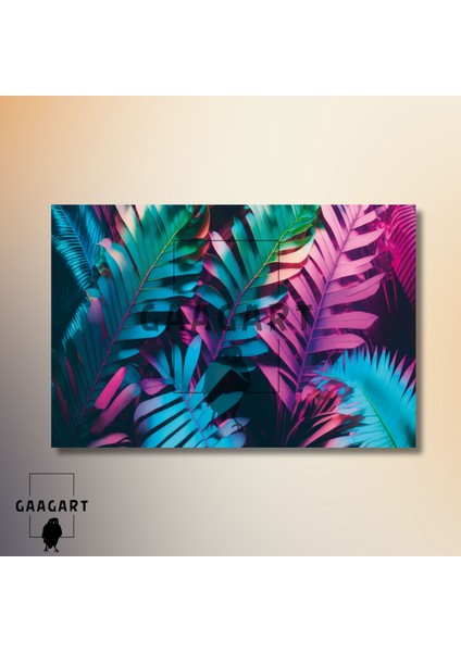 Tekli Yatay Kanvas Duvar Tablosu Parlak Pembe Mavi Yapraklar modelleri