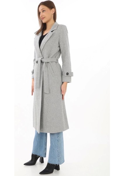 Kadın Astarlı Balık Sırtı Kaşmir Kaşe Kaban - Gri