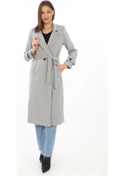 Kadın Astarlı Balık Sırtı Kaşmir Kaşe Kaban - Gri indirimleri