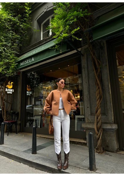 Kaşe Kaşmir Fermuarlı Ceket - Kahve indirimleri