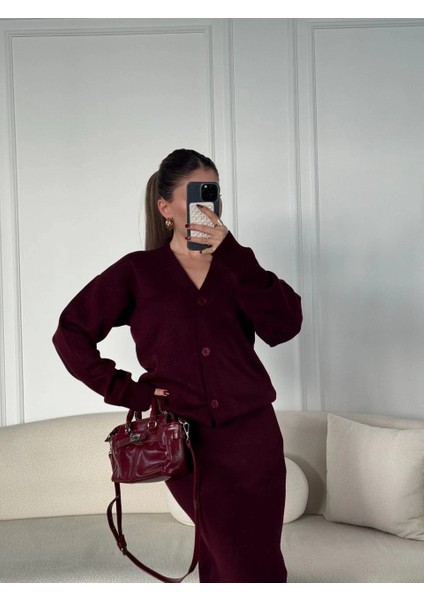 V Yaka 3 Düğmeli Hırka Takım Triko Ikili Etekli - Bordo