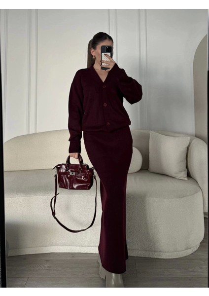 V Yaka 3 Düğmeli Hırka Takım Triko Ikili Etekli - Bordo fiyatları