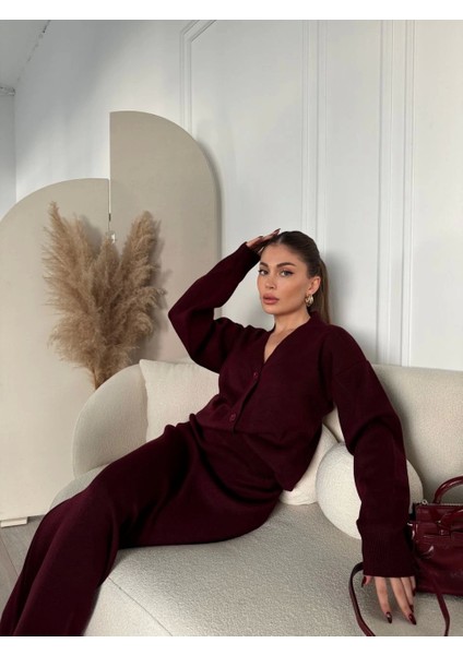 V Yaka 3 Düğmeli Hırka Takım Triko Ikili Etekli - Bordo modelleri