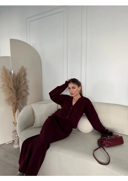 V Yaka 3 Düğmeli Hırka Takım Triko Ikili Etekli - Bordo fırsatları