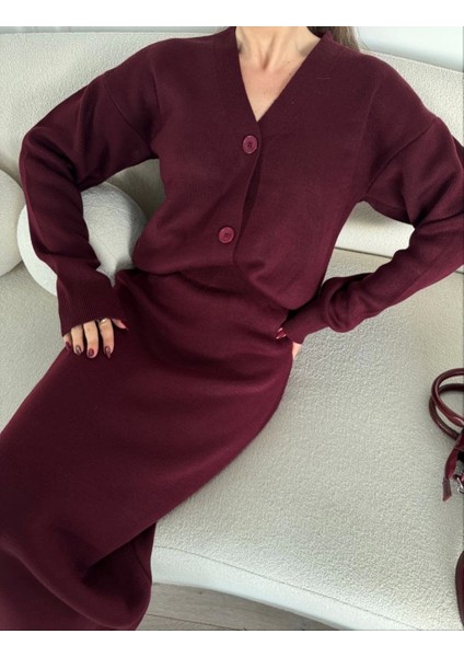 V Yaka 3 Düğmeli Hırka Takım Triko Ikili Etekli - Bordo indirimleri