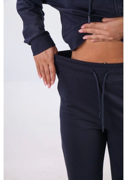 Iki Iplik Kapüşonlu Fermuarlı Crop Oversize Hırka Takım- Lacivert indirimleri