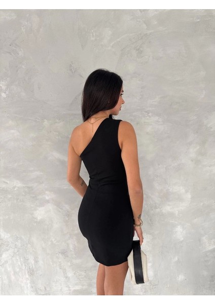 Tek Omuzlu Kolsuz Mini Boy Elbise - Siyah fırsatları