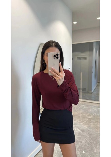 Bisiklet Yaka Uzun Kollu Crop - Bordo