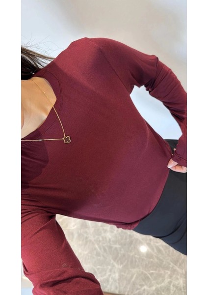 Bisiklet Yaka Uzun Kollu Crop - Bordo modelleri