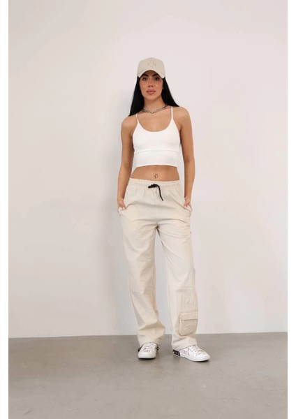 Paraşüt Kumaş Kargo Ceplı Baggy Eşofman- Bej