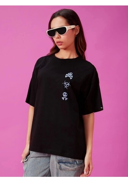 Kadın Baskılı Oversize T-Shirt - Siyah
