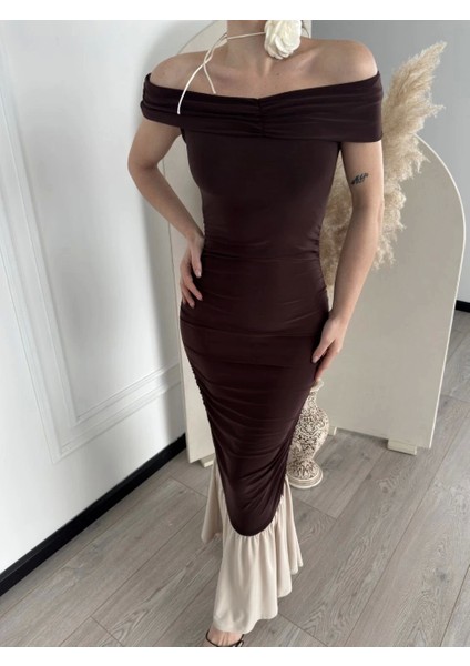 Striptiz Omuzlu Uzun Elbise- Kahve fırsatları