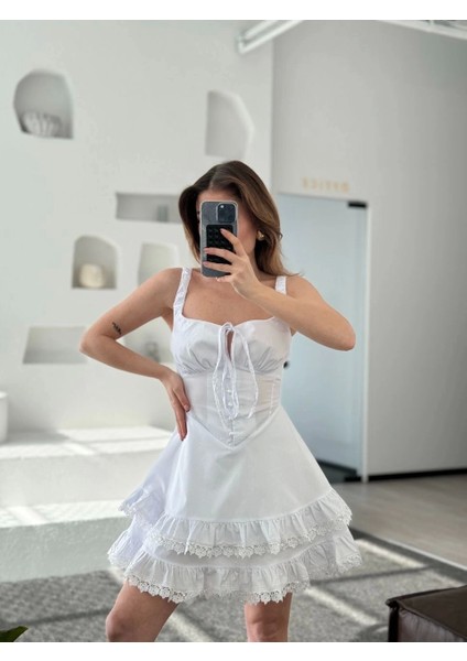Mini Askılı Elbise - Beyaz