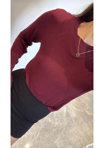 Bisiklet Yaka Uzun Kollu Crop - Bordo fiyatları