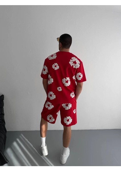 Iki Iplik Kumaş Baskılı T-Shirt Şortlu Takım- Kırmızı