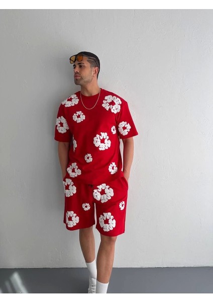 Iki Iplik Kumaş Baskılı T-Shirt Şortlu Takım- Kırmızı modelleri