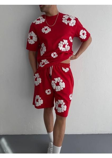 Iki Iplik Kumaş Baskılı T-Shirt Şortlu Takım- Kırmızı fırsatları