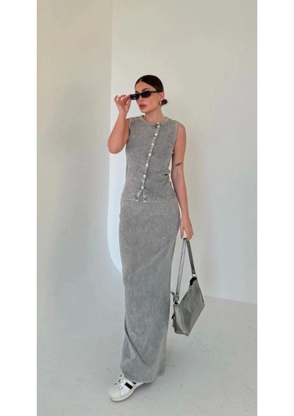 Uzun Etekli Önü Düğmeli Badi Ikili Takım- Gri fırsatları