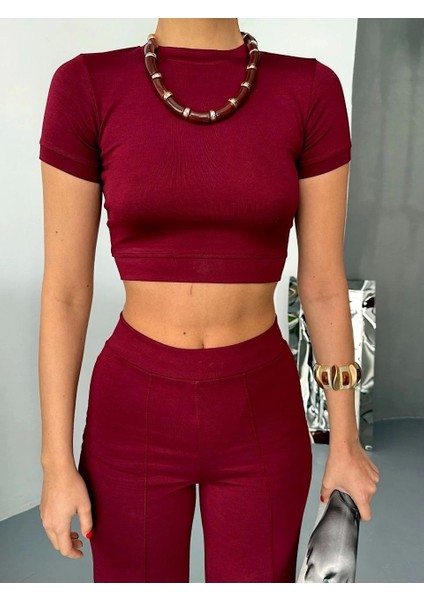 Osy Modal Yumuşak Dokulu Kumaş Kısa Kollu Crop Alt Ispanyol Paça Pantalon Ikili Takım - Bordo modelleri