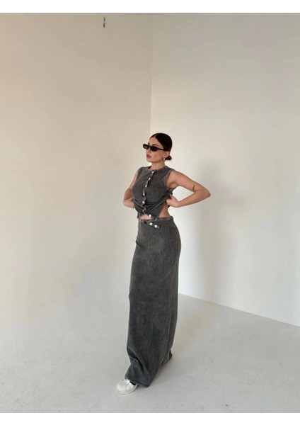 Uzun Etekli Önü Düğmeli Badi Ikili Takım- Antrasit